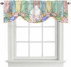 Easter Tie Up Valance Curtains for Windows, Kitchen Curtains Window Shades, Spring Rabbit Ears Foot Eggs Floral Wooden Grain Light Filtering Roman Curtain Valances for Bedroom/Bathroom/Cafe 42"x18"