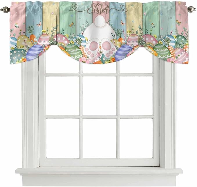 Easter Tie Up Valance Curtains for Windows, Kitchen Curtains Window Shades, Spring Rabbit Ears Foot Eggs Floral Wooden Grain Light Filtering Roman Curtain Valances for Bedroom/Bathroom/Cafe 42"x12"