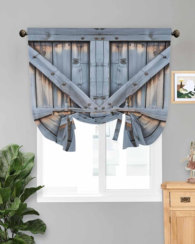 Tie Up Curtains for Windows, Farmhouse Wood Grain Adjustable Balloon Nature Linen Textured Kitchen Curtain, Vintage Country Barn Gate Textured Decorative Tie Up Curtain for Window, 52" x 45"