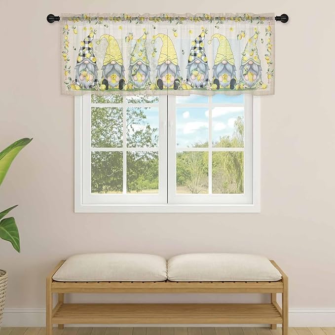 Rustic Lemon Gnomes Sheer Valance Curtains, Summer Fruit Leaves Retro Linen Texture Light Filtering Kitchen Valances Rod Pocket Voile Curtain Window Treatment for Bedroom/Living Room/Basement 42Wx18L