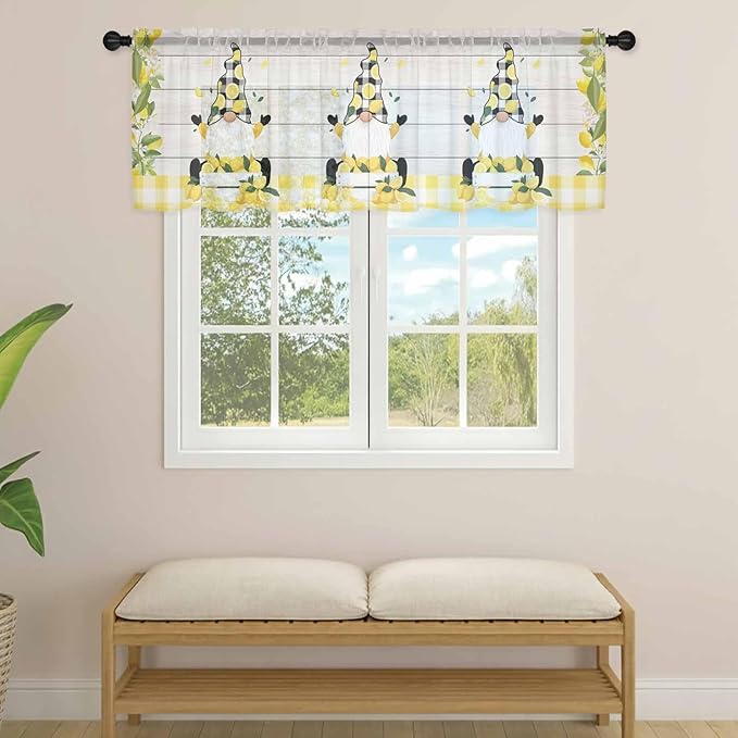 Lemon Dwarfs Sheer Valance Curtains, Gnome Green Leaf Wood Striped Black Plaid Light Filtering Kitchen Valances Rod Pocket Voile Curtain Window Treatment for Bedroom/Living Room/Basement 42Wx18L