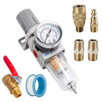 NANPU 1/4" NPT Compressed Air Filter Regulator Combo Piggyback, 5 Micron Brass Element, Poly Bowl, Semi-Auto Drain, Metal Bracket, 0-150 psi Gauge, Ball Valve