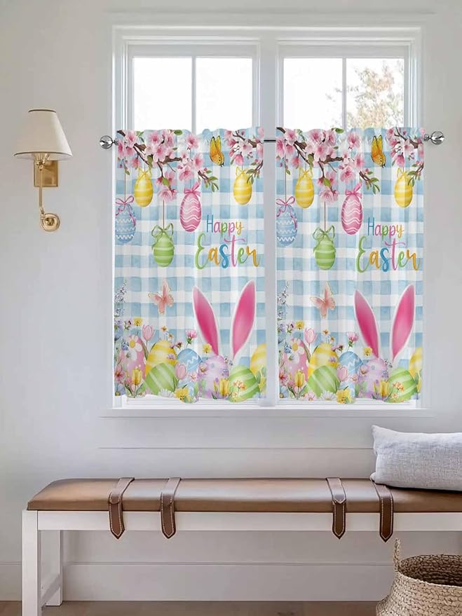 Happy Easter Tier Curtains 45 Inches Long, Spring Watercolor Bunny Eggs Flower Blue Plaid Window Treatment Curtain Drapes, Small Curtain Drapes for Bathroom Laundry Room, 27.5"x45", 2 Panels