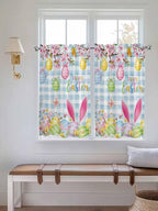 Happy Easter Tier Curtains 45 Inches Long, Spring Watercolor Bunny Eggs Flower Blue Plaid Window Treatment Curtain Drapes, Window Half Privacy Curtains for Bedroom Bathroom, 42"x45", 2 Panels