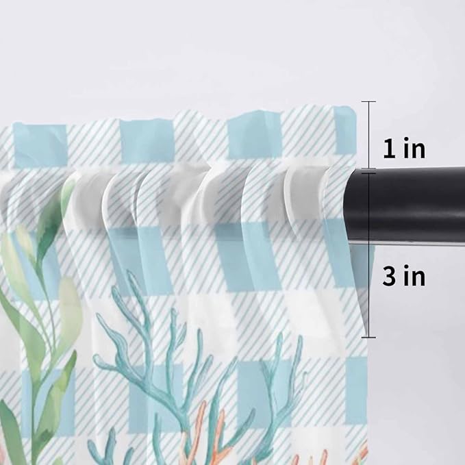 Summer Beach Sheer Valance Curtains, Ocean Colorful Coral Shell Seaweed Starfish Blue Plaid Light Filtering Kitchen Valances Rod Pocket Voile Curtain Treatment for Bedroom/Living Room/Basement 42Wx12L