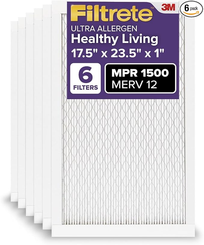 Filtrete 17.5x23.5x1 AC Furnace Air Filter, MERV 12, MPR 1500, CERTIFIED asthma & allergy friendly, 3 Month Pleated 1-Inch Electrostatic Air Cleaning Filter, 6-Pack (Actual Size 17.19x23.19x0.78 in)