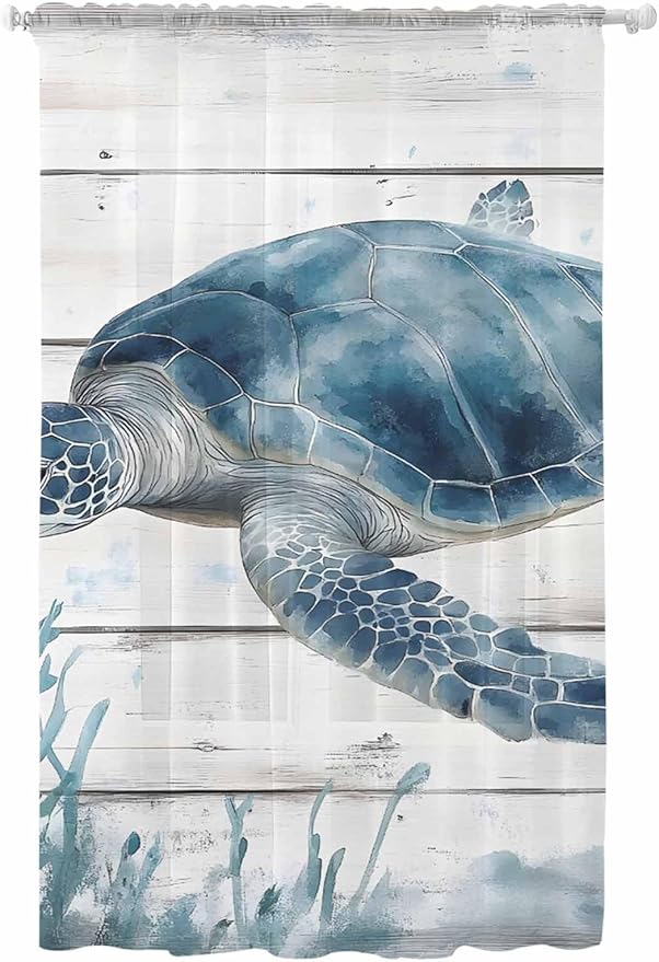 Sheer Curtains 108 Inches Long, Ocean Sea Turtle Semi Sheer Curtains Light Filtering Window Treatment, Coastal Seaweed Vintage Wood Grain Privacy Voile Drapes for Living Room Bedroom 52x108 Inch