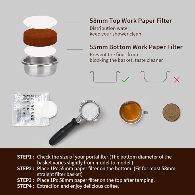 watchget 55mm Espresso Paper Filters - 100 Pcs Unbleached Coffee Filter Papers, Compatible with 58mm Bottom Portafilter Baskets and Espresso Machine Handles