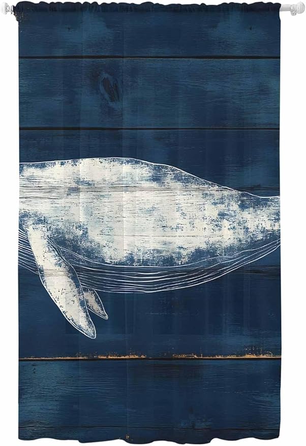 Sheer Curtains 96 Inches Long, Summer Whale Semi Sheer Curtains Light Filtering Window Treatment, Ocean Watercolor Wooden Grain Blue Privacy Voile Drapes for Living Room Bedroom 52x96 Inch