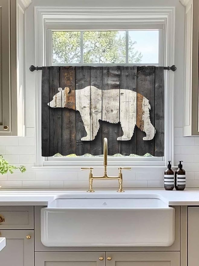 Sheer Curtains 45 Inch Length, Vintage White Brown Bear Semi Sheer Curtains Light Filtering Window Treatment, Retro Country Rustic Wood Grain Privacy Voile Drapes for Living Room Bedroom 52x45 Inch