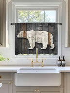 Sheer Curtains 54 Inch Length, Vintage White Brown Bear Semi Sheer Curtains Light Filtering Window Treatment, Retro Country Rustic Wood Grain Privacy Voile Drapes for Living Room Bedroom 52x54 Inch