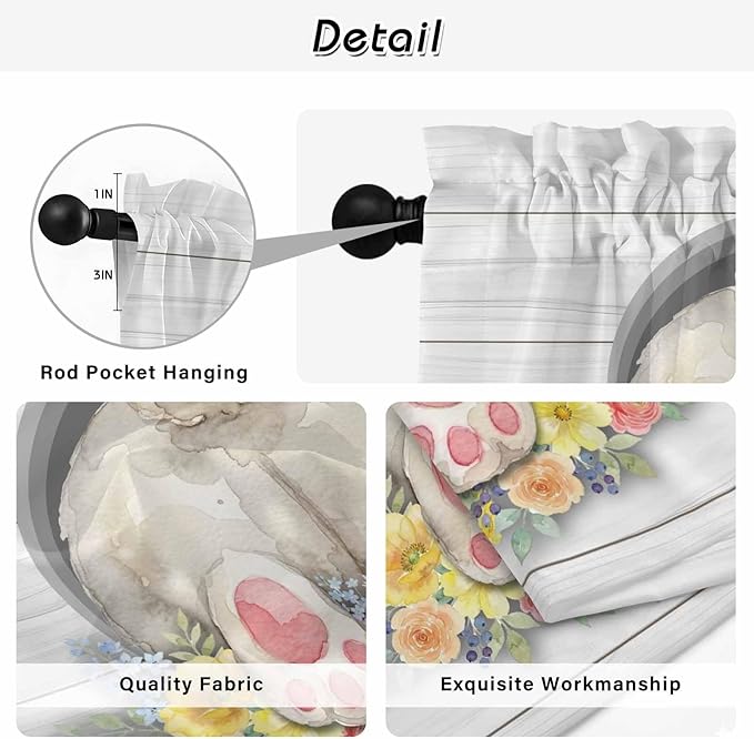 Easter Bunny Kitchen Curtains 54 Inch Long 2 Panel Set,Rod Pocket Window Curtains Panels,3D Optical Illusion Farmhouse Flower Wood Grain Light Filtering Drapery Draperies for Bathroom 52"W x 54"L