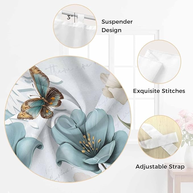 Blue Tulips Kitchen Curtains 24 Inch Length, Small Window Curtains Tab Top, Watercolor Flowers Butterfly Spring Farmhouse Blue Light Filtering Short Window Treatments Tier Drapes 27.5"x24" 2 Panel