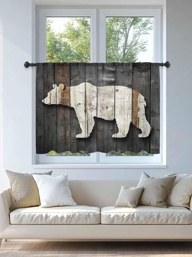 Sheer Curtains 54 Inch Length, Vintage White Brown Bear Semi Sheer Curtains Light Filtering Window Treatment, Retro Country Rustic Wood Grain Privacy Voile Drapes for Living Room Bedroom 52x54 Inch