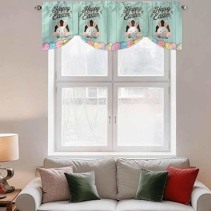 Green Easter Tie Up Valance Curtains for Windows, Kitchen Curtains Window Shades, Spring Cartoon Bunny Colorful Eggs Wood Grain Light Filtering Roman Curtain Valances for Bedroom/Bathroom/Cafe 42"x12"