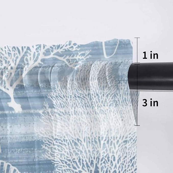 Haze Blue Retro Summer Sheer Valance Curtains, Sea Turtle Starfish Coral Ocean Light Filtering Kitchen Valances Rod Pocket Voile Curtain Window Treatment for Bedroom/Living Room/Basement 54Wx18L