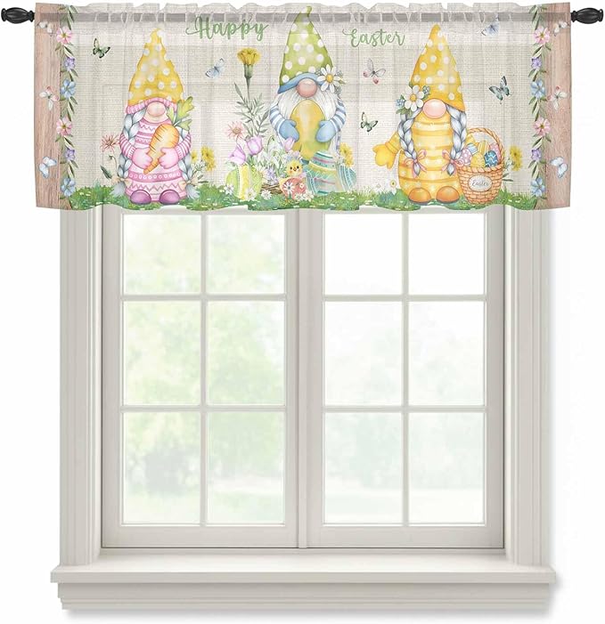 Easter Sheer Valances for Windows 42"x12", Light Filtering Kitchen Curtains Valance, Rustic Gnomes Duck Floral Colorful Eggs Wooden Grain Rod Pocket Chiffon Curtains for Living Room Bedroom Cafe