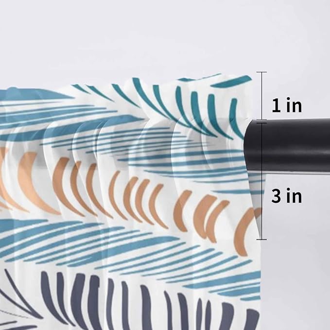 Abstract Stripes Sheer Valance Curtains, Brown Blue Gradient Wavy Lines Leaf Texture Light Filtering Kitchen Valances Rod Pocket Voile Curtain Window Treatment for Bedroom/Living Room/Basement 54Wx18L