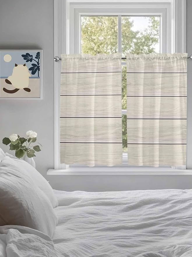 Vintage Country Wooden Board Window Valance Curtains, Gradient Wood Grain Line Light Filtering Kitchen Valance with 3-inch Rod Pocket for Living Room Bathroom Bedroom,2 Panel,52x45In