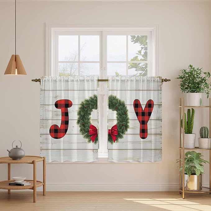 Christmas Wreaths Kitchen Curtains 54 Inch Long 2 Panel Set,Rod Pocket Window Curtains Panels,Winter Bow Plaid Farmhouse Wooden Grain Light Filtering Drapery Draperies for Bathroom Bedroom 52"W x 54"L