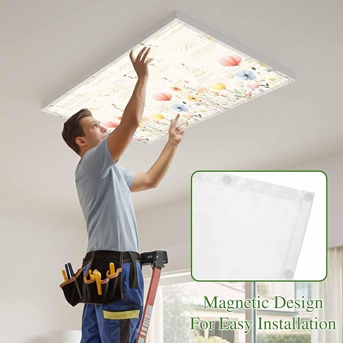 Fluorescent Light Covers for Ceiling Lights Spring Poppy Floral Magnetic Light Filters 2 Pack 4x2 ft Wildflower Vintage Ceiling Lights Cover for Classroom Office School Home Drop Lamp Decor