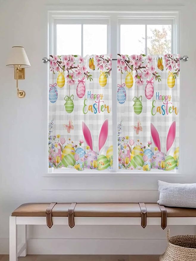 Happy Easter Tier Curtains 45 Inches Long, Spring Watercolor Bunny Eggs Flower Grey Plaid Window Treatment Curtain Drapes, Small Curtain Drapes for Bathroom Laundry Room, 27.5"x45", 2 Panels