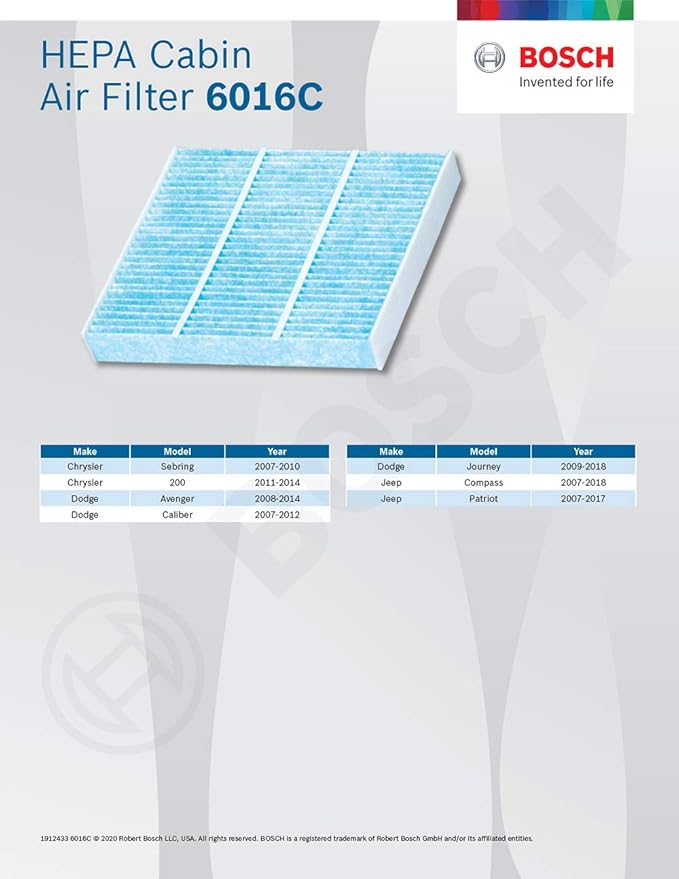 BOSCH 6016C HEPA Cabin Air Filter - Compatible with Select Chrysler 200, Sebring; Dodge Avenger, Caliber, Journey; Jeep Compass, Patriot; Ram 1500 Pickup