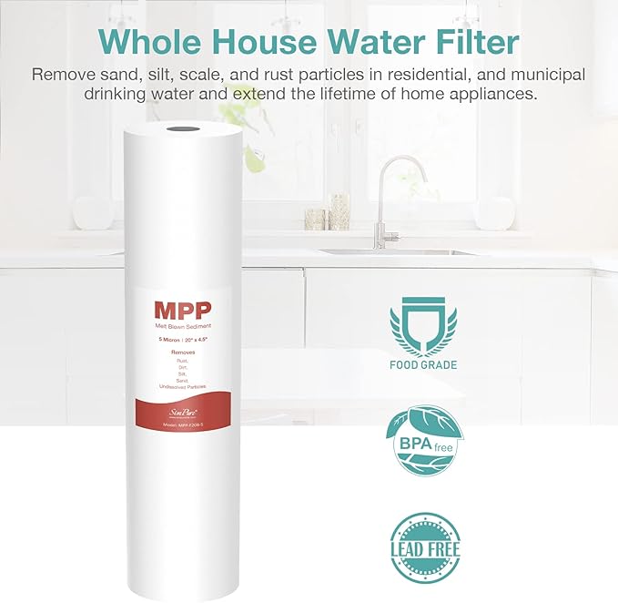 SimPure Sediment Water Filters, 5 Micron 20" x 4.5" Whole House Water Filter Replacement Compatible for SimPure DB20 Blue Housing, WGB22B, WGB32B, AP802, BB20B, BB20T, 2 Pack