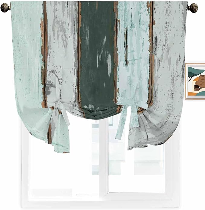 Tie Up Curtains for Windows, Blue Teal Adjustable Balloon Nature Linen Textured Kitchen Curtain, Vintage Wooden Retro Art Farmhouse Barns Tie Up Blackout Curtains for Bedroom, 52 x 63 Inches