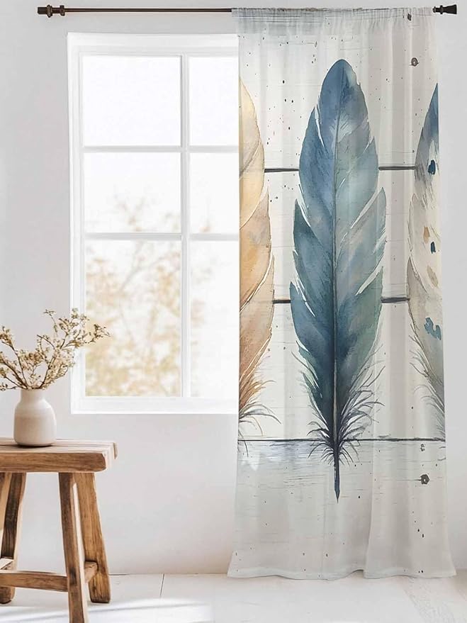 Sheer Curtains 84 Inches Long, Boho Blue Feathers Semi Sheer Curtains Light Filtering Window Treatment, Country Vintage Wooden Grain Privacy Voile Drapes for Living Room Bedroom 52x84 Inch