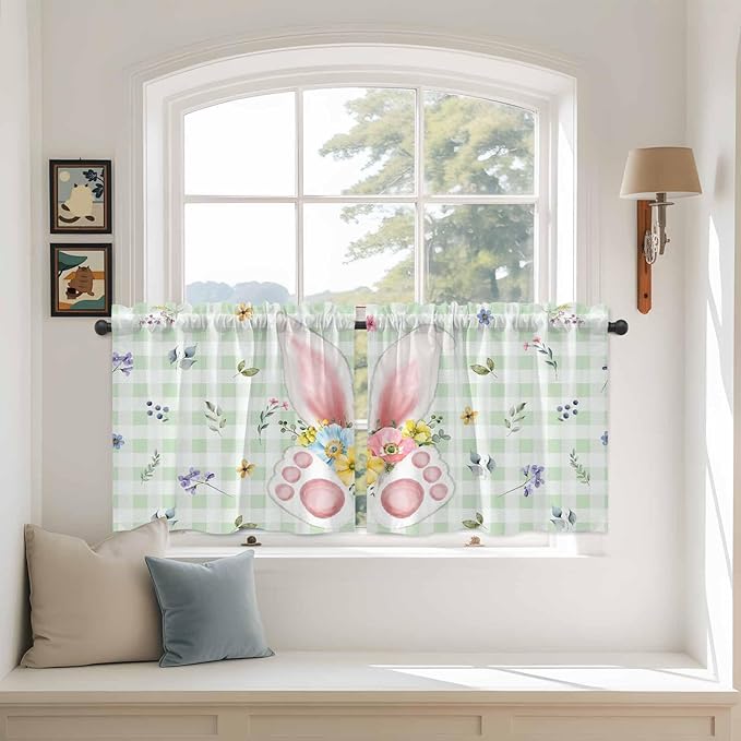 Easter Kitchen Tier Curtains 24 Inch Long 2 Panel Set,Rod Pocket Cafe Small Window Curtains Over Sink,Spring Bunny Ears Feet Flowers Green Plaid Light Filtering Short Drapes for Bathroom 27.5"W x 24"L