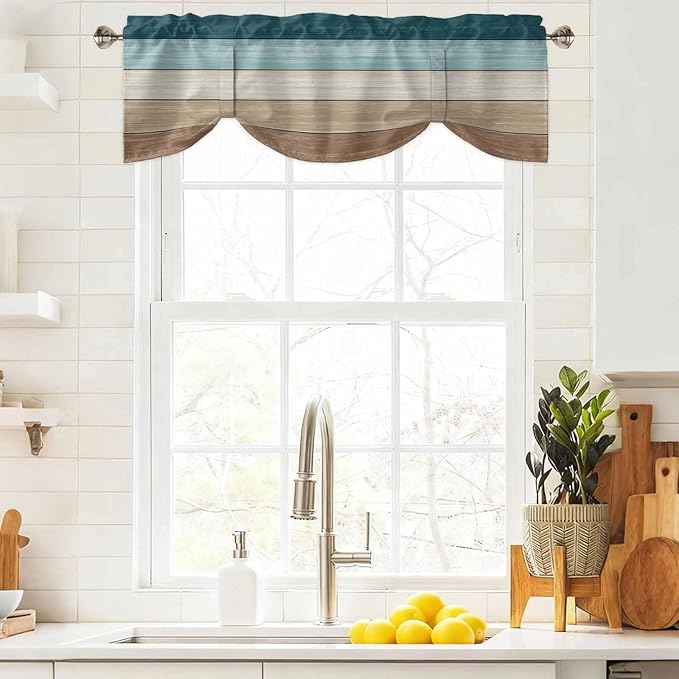 Teal Brown Tie Up Valance Curtains for Windows, Kitchen Curtains Window Shades, Farmhouse Vintage Abstract Wooden Grain Light Filtering Roman Curtain Valances for Bedroom/Bathroom/Cafe 60"x18"