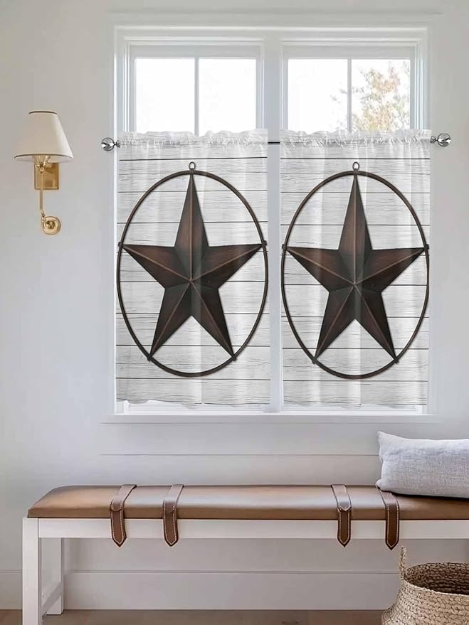 Vintage Farm Western Star Window Valance Curtains, White Wood Grain Light Filtering Kitchen Valance with 3-inch Rod Pocket for Living Room Bathroom Bedroom,2 Panel,42x45In