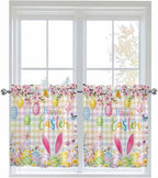 Happy Easter Half Window Curtains 24 Inches Long, Spring Bunny Colorful Eggs Flower Plaid Window Treatment Curtain Drapes, Short Curtains Tiers for Kitchen Over Sink, 27.5"x24", 2 Panels