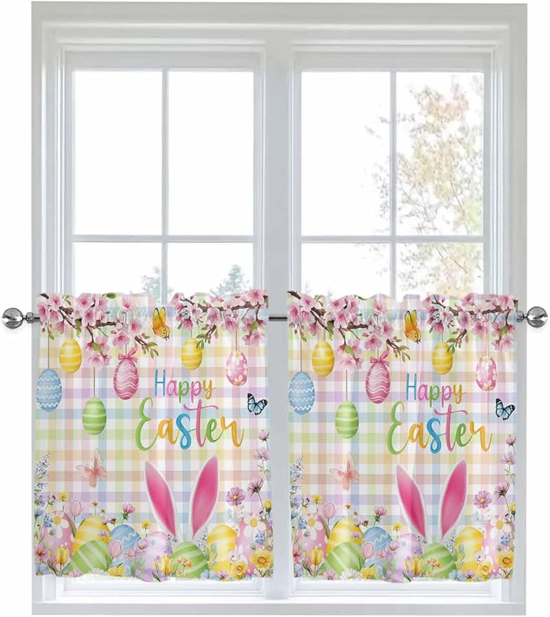 Happy Easter Half Window Curtain 36 Inches Long, Spring Bunny Colorful Eggs Flower Plaid Window Treatment Curtain Drapes, Small Tier Curtains for Bathroom Over Sink, 27.5"x36", 2 Panels