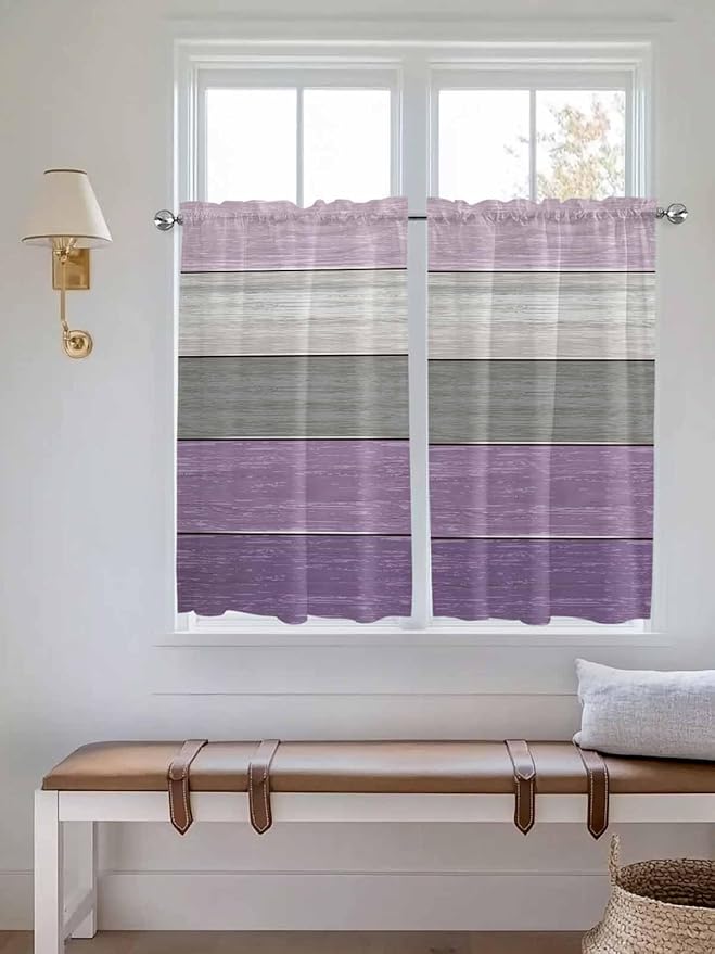 Country Wood Board Gray Purple Window Valance Curtains, Farmhouse Gradient Plank Light Filtering Kitchen Valance with 3-inch Rod Pocket for Living Room Bathroom Bedroom,2 Panel,27.5x45In