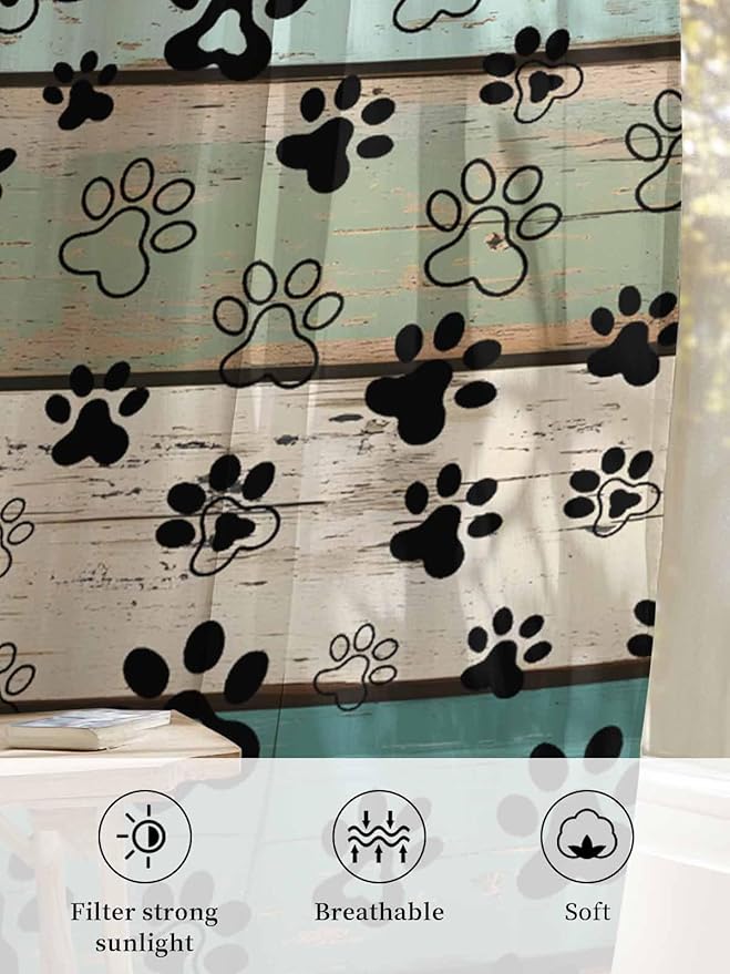Sheer Curtains 54 Inch Length, Sage Green Brown Paw Prints Semi Sheer Curtains Light Filtering Window Treatment, Vintage Farmhouse Wooden Grain Privacy Voile Drapes for Living Room Bedroom 52x54 Inch