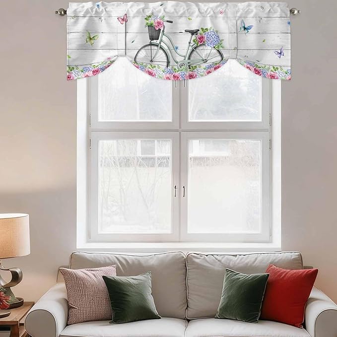 Spring Tie Up Valance Curtains for Windows, Kitchen Curtains Window Shades, Bicycles Botanical Rose Leaves Butterfly Wood Grain Light Filtering Roman Curtain Valances for Bedroom/Bathroom/Cafe 42"x18"