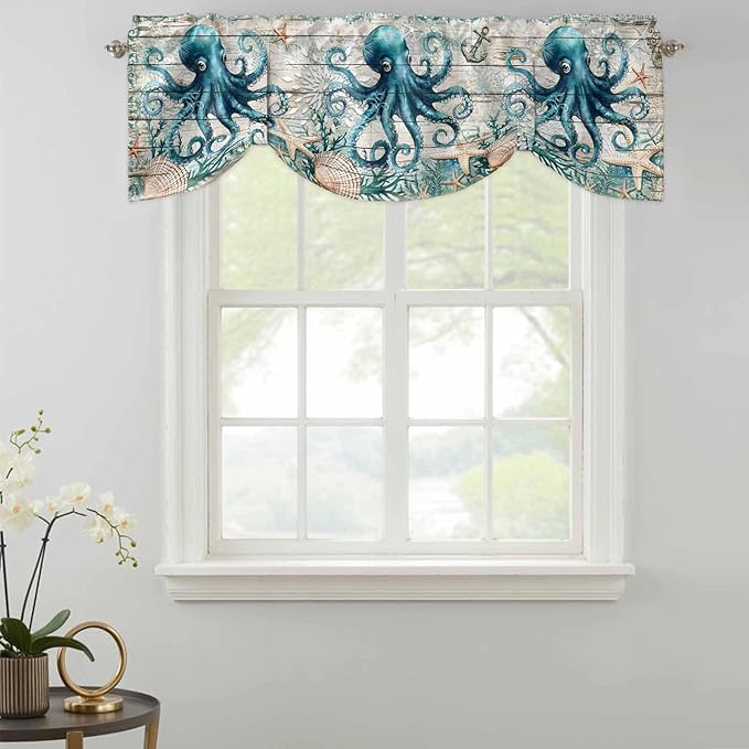 Sea Octopus Ocean Starfish Tie Up Valance Curtains,Nautical Anchor Vintage Wood Grain Kitchen Light Filtering Window Treatments with 3-inch Rod Pocket for Living Room,Bedroom,42x12In