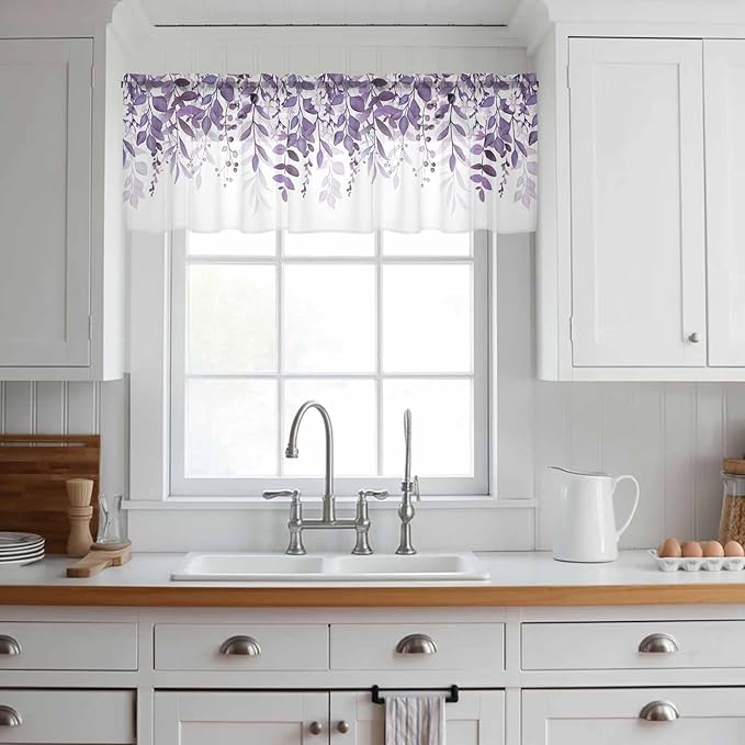 Eucalyptus Leaves Sheer Valance Curtains, Purple Leaves Idyllic Winds Farmhouses Light Filtering Kitchen Valances Rod Pocket Voile Curtain Window Treatment for Bedroom/Living Room/Basement 42Wx18L