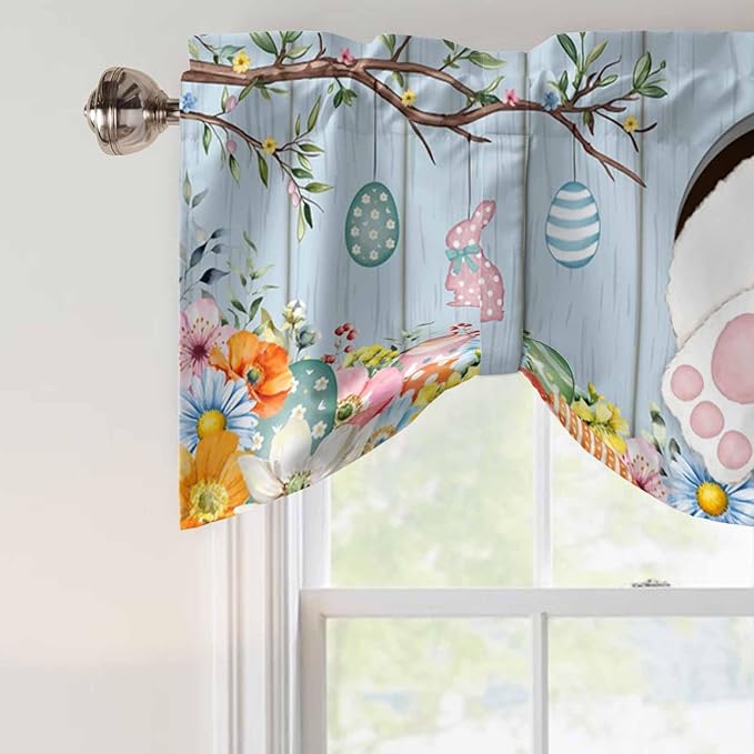 Easter Tie Up Valance Curtains for Windows, Kitchen Curtains Window Shades, Spring Watercolor Bunny Eggs Flower Wood Grain Blue Light Filtering Roman Curtain Valances for Bedroom/Bathroom/Cafe 42"x18"