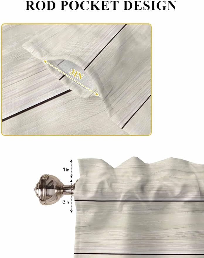 Vintage Country Wooden Board Window Valance Curtains, Gradient Wood Grain Line Light Filtering Kitchen Valance with 3-inch Rod Pocket for Living Room Bathroom Bedroom,2 Panel,52x54In