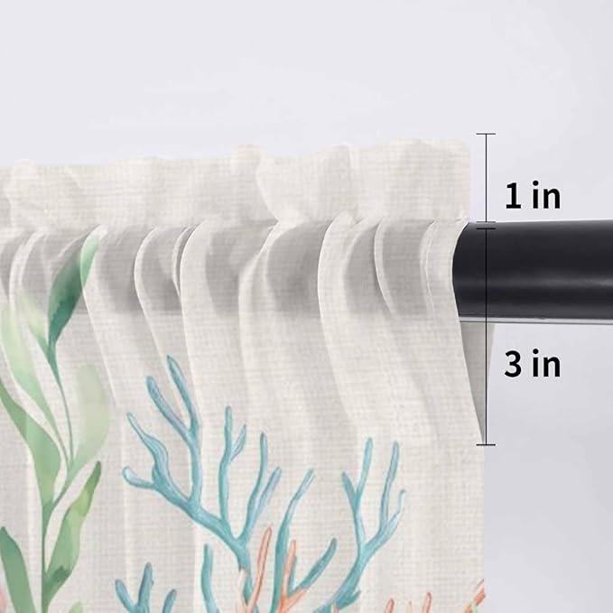 Summer Beach Sheer Valance Curtains, Ocean Colorful Coral Shell Seaweed Starfish Linen Light Filtering Kitchen Valances Rod Pocket Voile Curtain Treatment for Bedroom/Living Room/Basement 54Wx18L