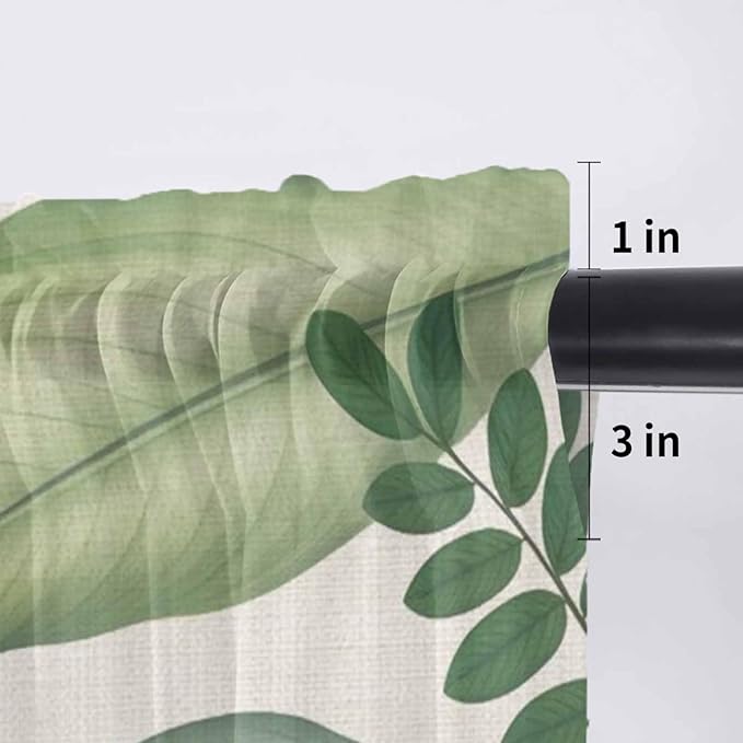 Summer Palm Leaf Sheer Valance Curtains, Green Tropical Plants Nature Leaves Linen Light Filtering Kitchen Valances Rod Pocket Voile Curtain Window Treatment for Bedroom/Living Room/Basement 42Wx12L