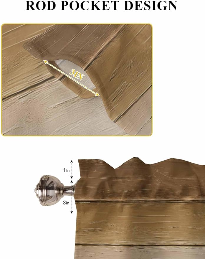 Vintage Brown Gradient Wood Grain Window Valance Curtains, Farmhouse Wood Barn Light Filtering Kitchen Valance with 3-inch Rod Pocket for Living Room Bathroom Bedroom,2 Panel,42x63In