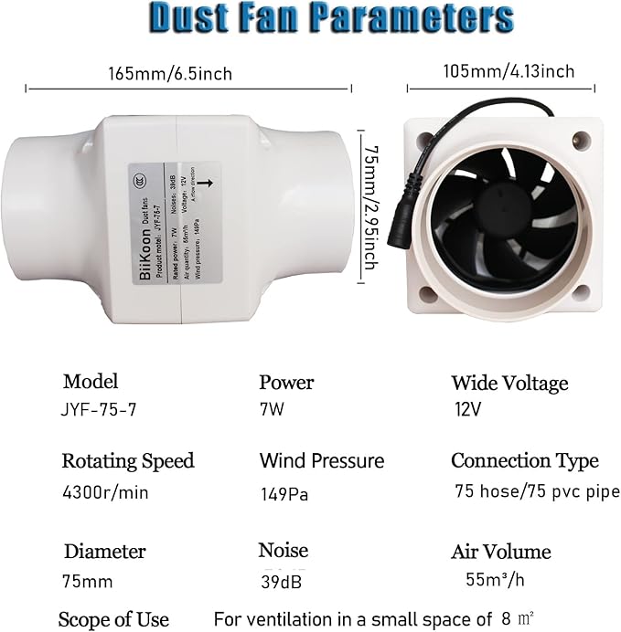 12V 3 Inch Inline Duct Fan Ventilation Exhaust Booster 32cfm Air Cooling Vent Fan 7W Blower for Carbon Filter Vents Grow Tents Basements (Color : NO Adjustable Speed, Size : 7w)