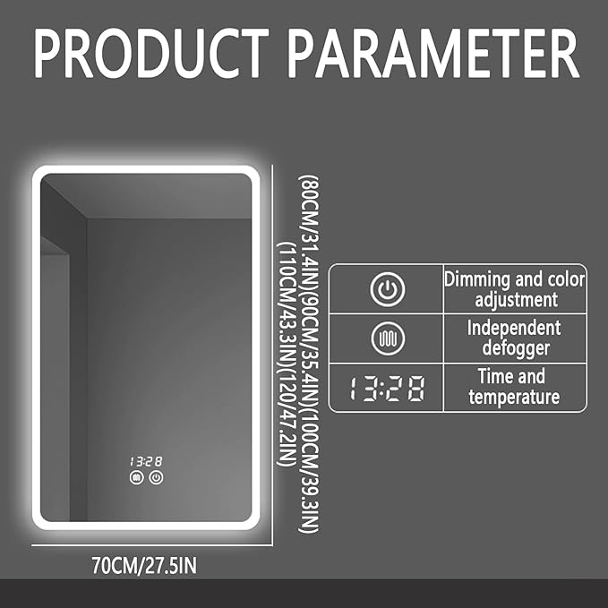Backlit LED Illuminated Bathroom Mirror with LED Lights, Lighted Bathroom Makeup Wall Mounted Mirror with Demister Pad, Sensor Touch Switch, Horizontal/Vertical(H70*W110CM/H27.5*W43.3IN)