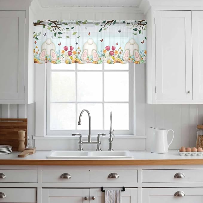 Easter Sheer Valances for Windows 42"x18", Light Filtering Kitchen Curtains Valance, Spring Watercolor Eggs Country Tulip Flower Plant Rod Pocket Chiffon Curtains for Living Room Bedroom Cafe