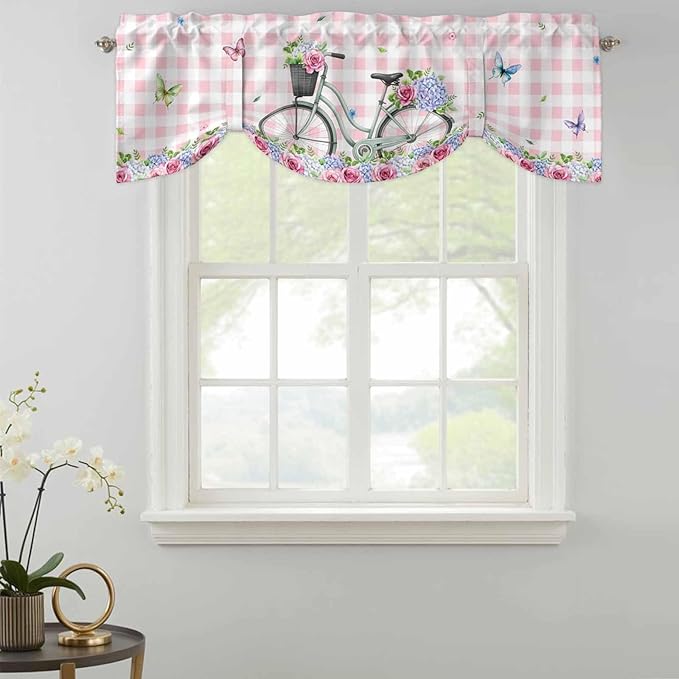 Spring Tie Up Valance Curtains for Windows, Kitchen Curtains Window Shades, Bicycles Leaves Butterfly Flowers Pink Buffalo Plaid Light Filtering Curtain Valances for Bedroom/Bathroom/Cafe 54"x18"