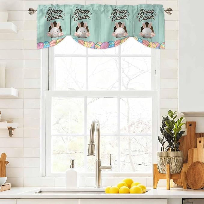 Green Easter Tie Up Valance Curtains for Windows, Kitchen Curtains Window Shades, Spring Cartoon Bunny Colorful Eggs Wood Grain Light Filtering Roman Curtain Valances for Bedroom/Bathroom/Cafe 60"x18"